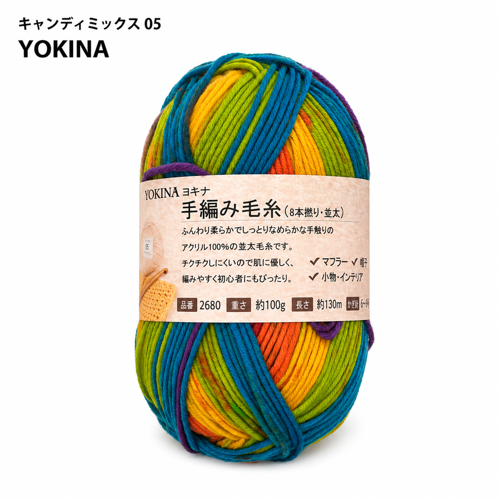 YOKINA 8本撚りアクリルヤーン（並太）2680 100g ふんわりやわらかアクリル かぎ5/0 マフラーあみぐるみインテリア